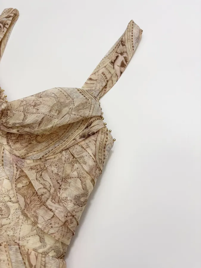 Cream Vintage Print Strappy Dress in Apricot, product view 04