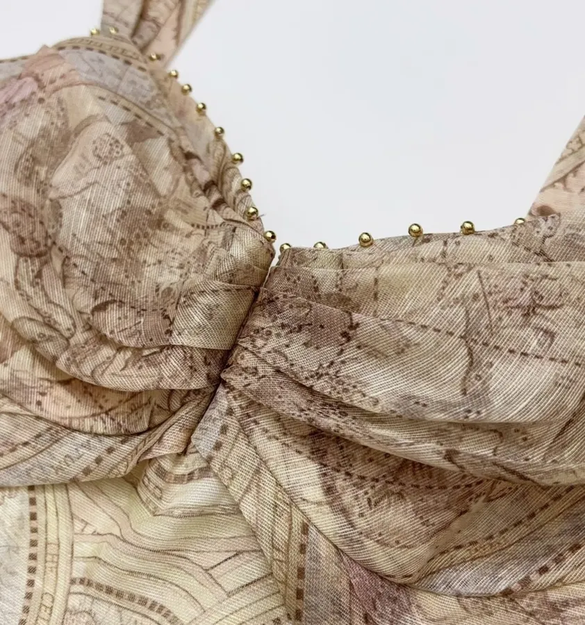 Cream Vintage Print Strappy Dress in Apricot, product view 05