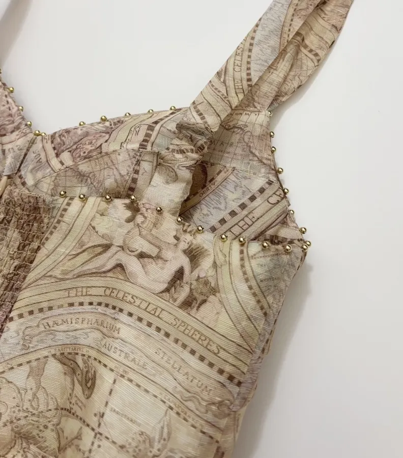 Cream Vintage Print Strappy Dress in Apricot, product view 20