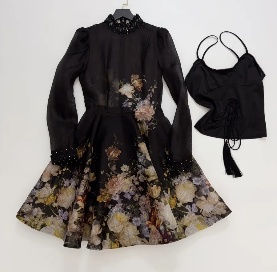 Black Floral Ruffle-Collar Maxi Dress in Black, product view 01
