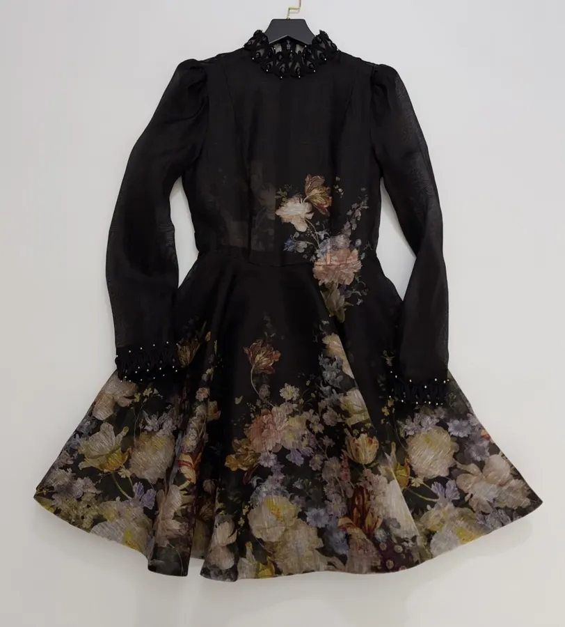 Black Floral Ruffle-Collar Maxi Dress in Black, product view 02