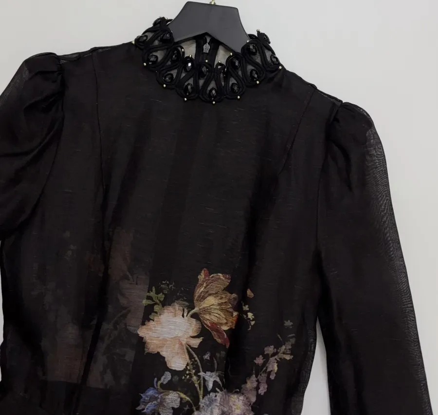 Black Floral Ruffle-Collar Maxi Dress in Black, product view 03