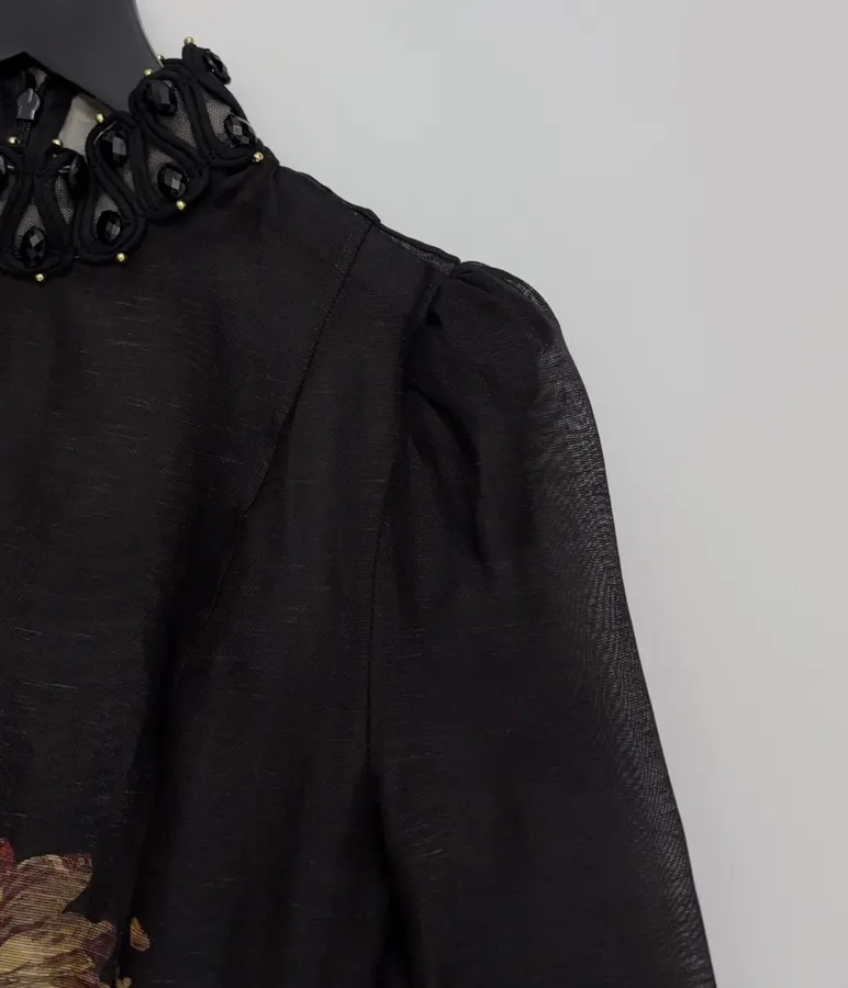 Black Floral Ruffle-Collar Maxi Dress in Black, product view 04