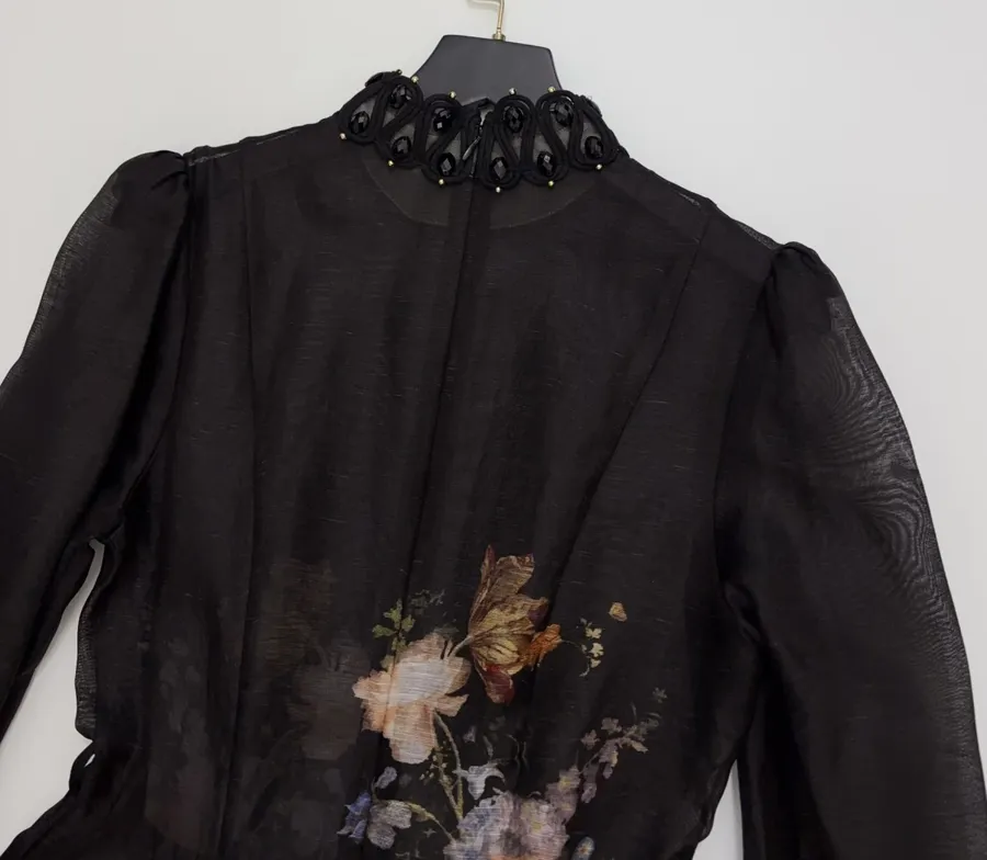 Black Floral Ruffle-Collar Maxi Dress in Black, product view 19