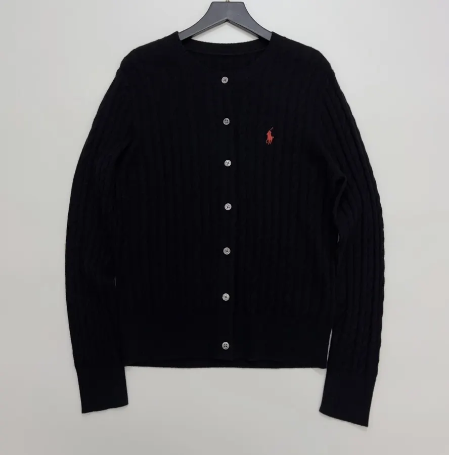 Black Pony-Embroidered Cable-Knit Cardigan in Black, product view 01