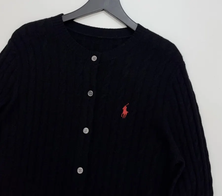 Black Pony-Embroidered Cable-Knit Cardigan in Black, product view 02
