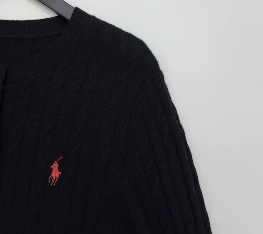 Black Pony-Embroidered Cable-Knit Cardigan in Black, product view 03
