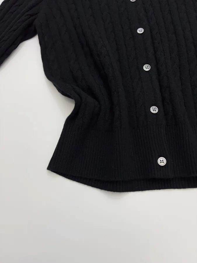 Black Pony-Embroidered Cable-Knit Cardigan in Black, product view 07