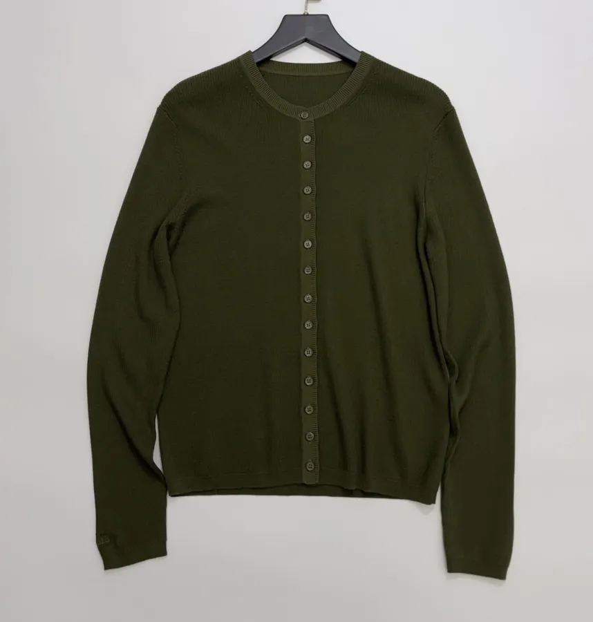 Slim-fit Ribbed Knitted Open-front Cardigan in Olive Green, product view 01