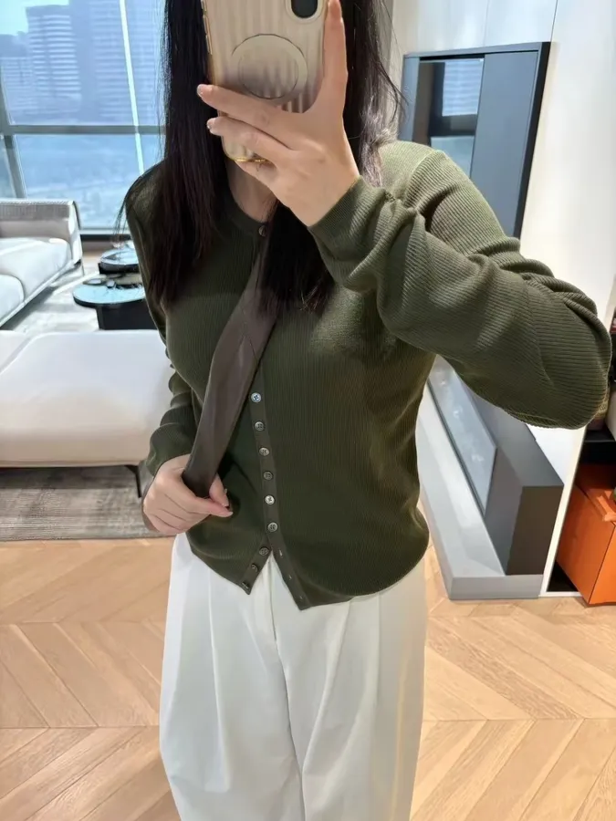 Slim-fit Ribbed Knitted Open-front Cardigan in Olive Green, product view 02