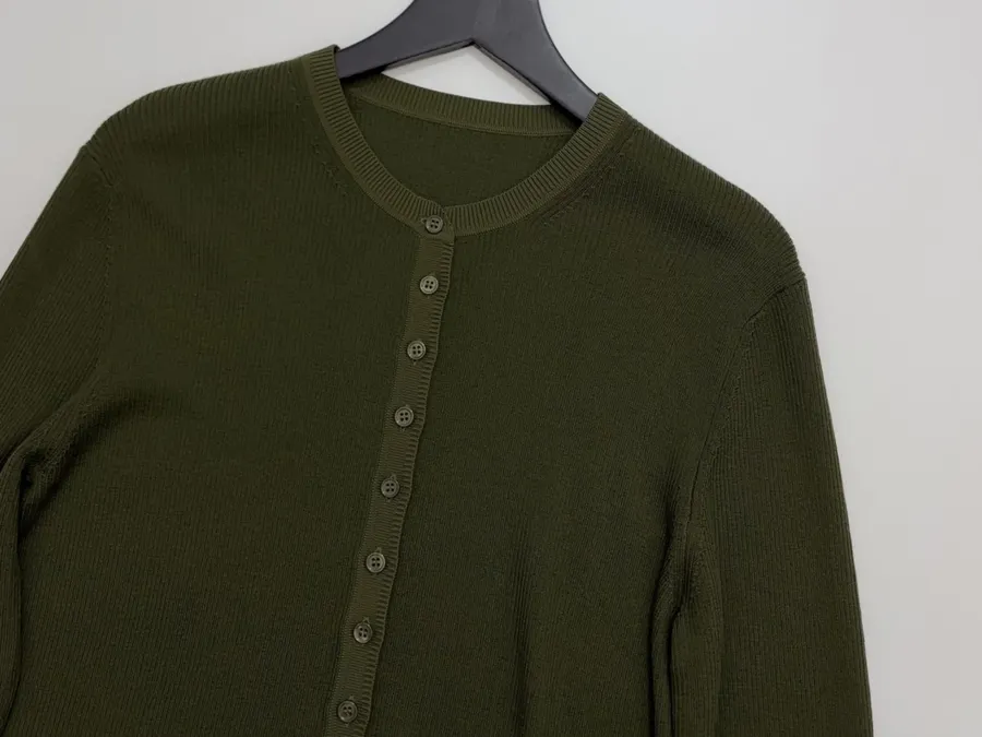 Slim-fit Ribbed Knitted Open-front Cardigan in Olive Green, product view 04