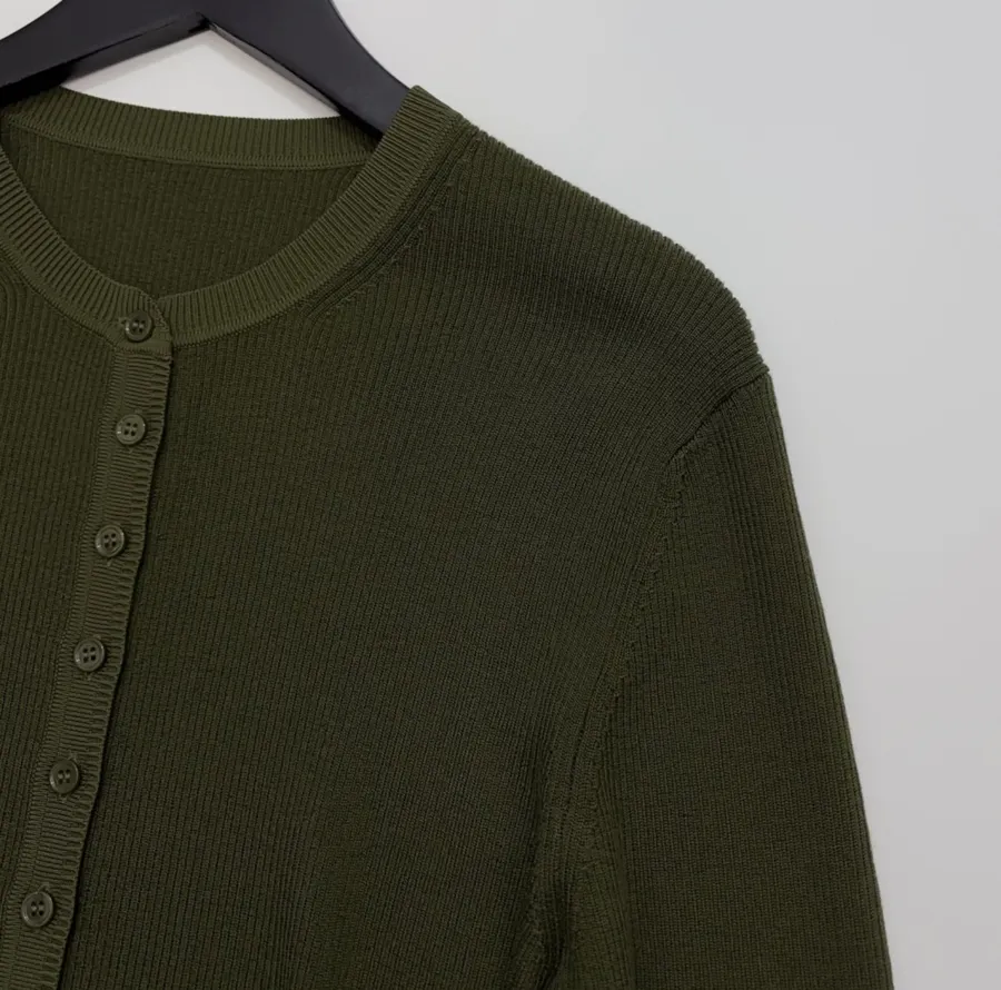 Slim-fit Ribbed Knitted Open-front Cardigan in Olive Green, product view 05