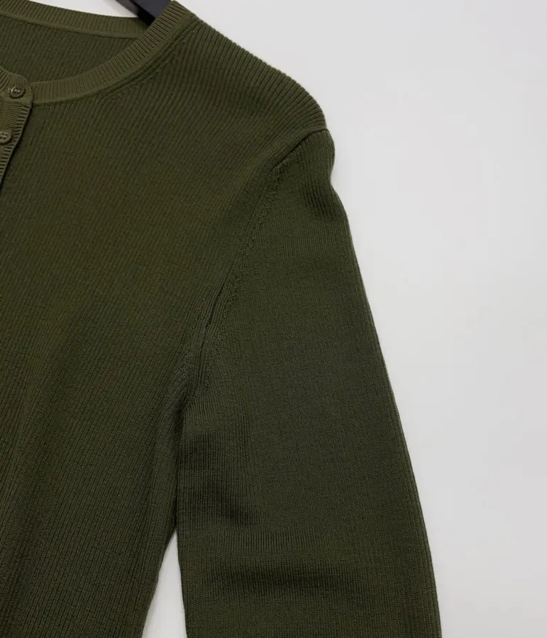 Slim-fit Ribbed Knitted Open-front Cardigan in Olive Green, product view 06