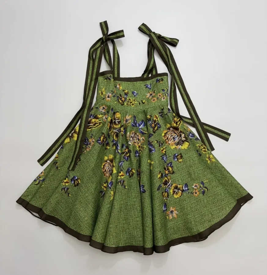 Green Printed Slip Linen Dress Backless Ballet Short Skirt in Green, product view 01