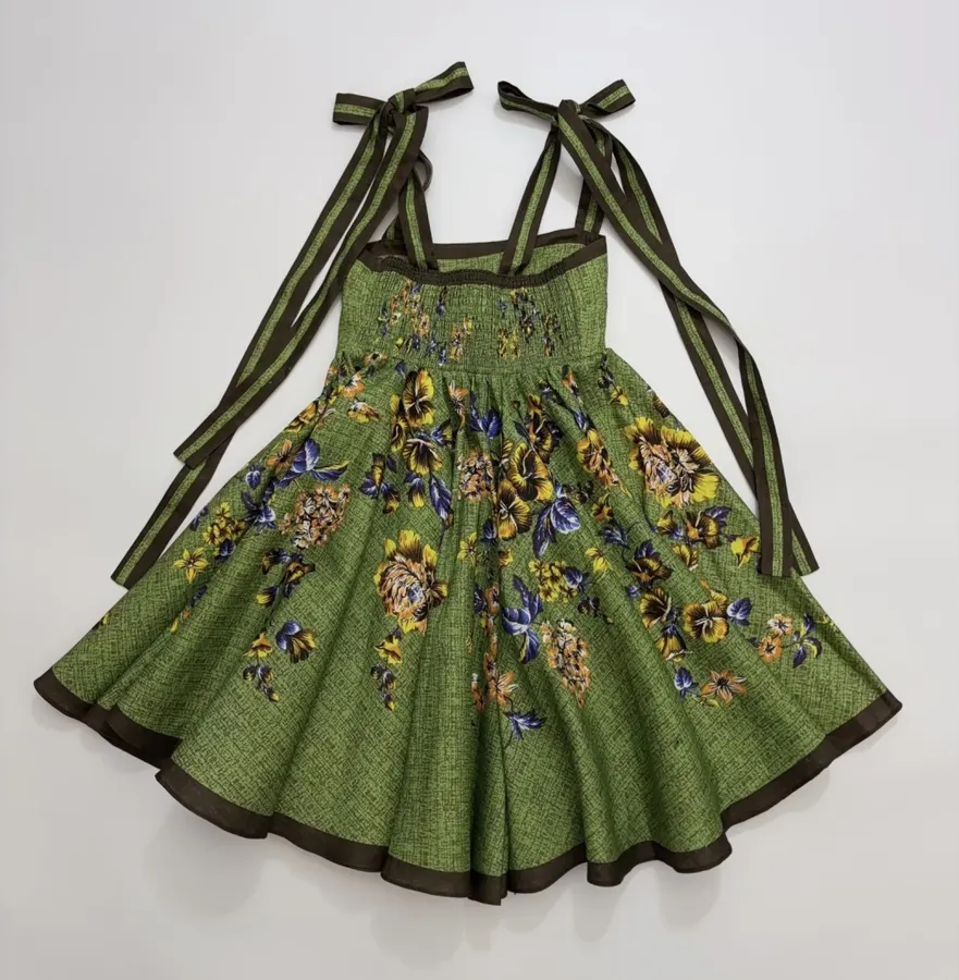 Green Printed Slip Linen Dress Backless Ballet Short Skirt in Green, product view 17