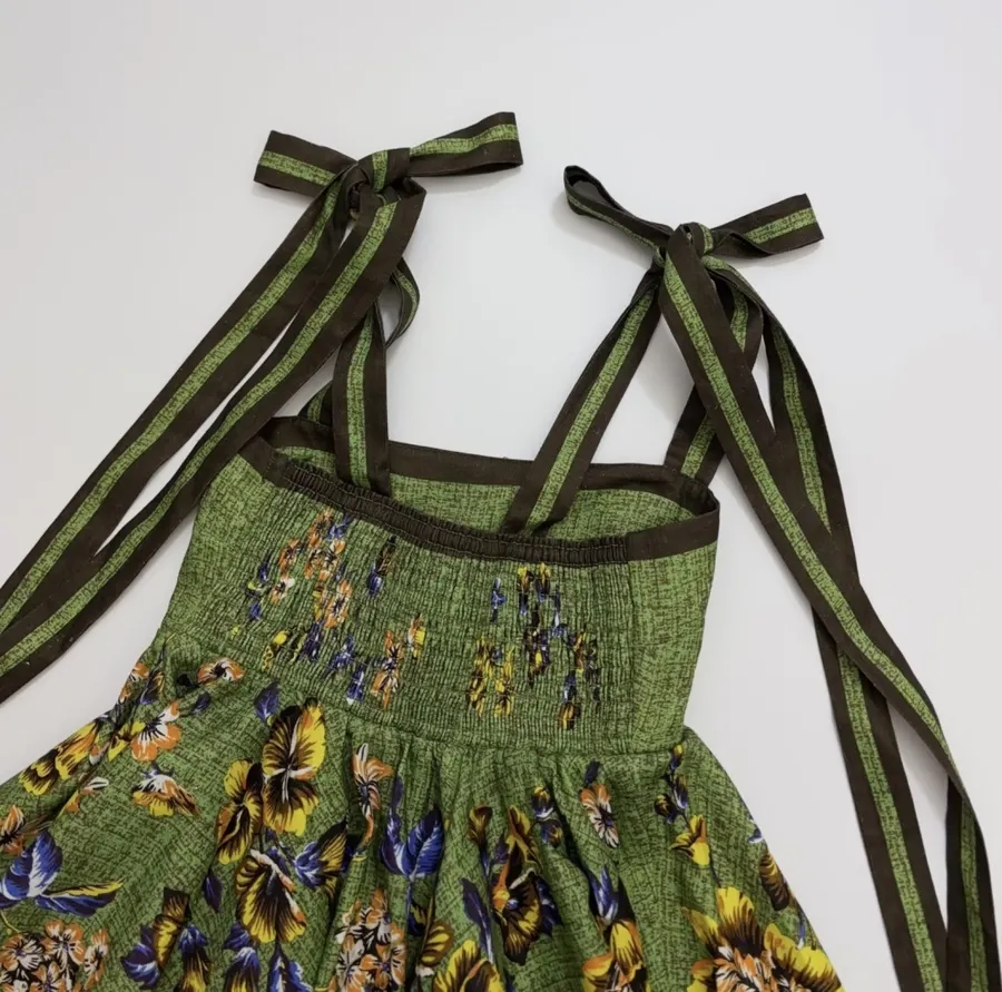 Green Printed Slip Linen Dress Backless Ballet Short Skirt in Green, product view 18