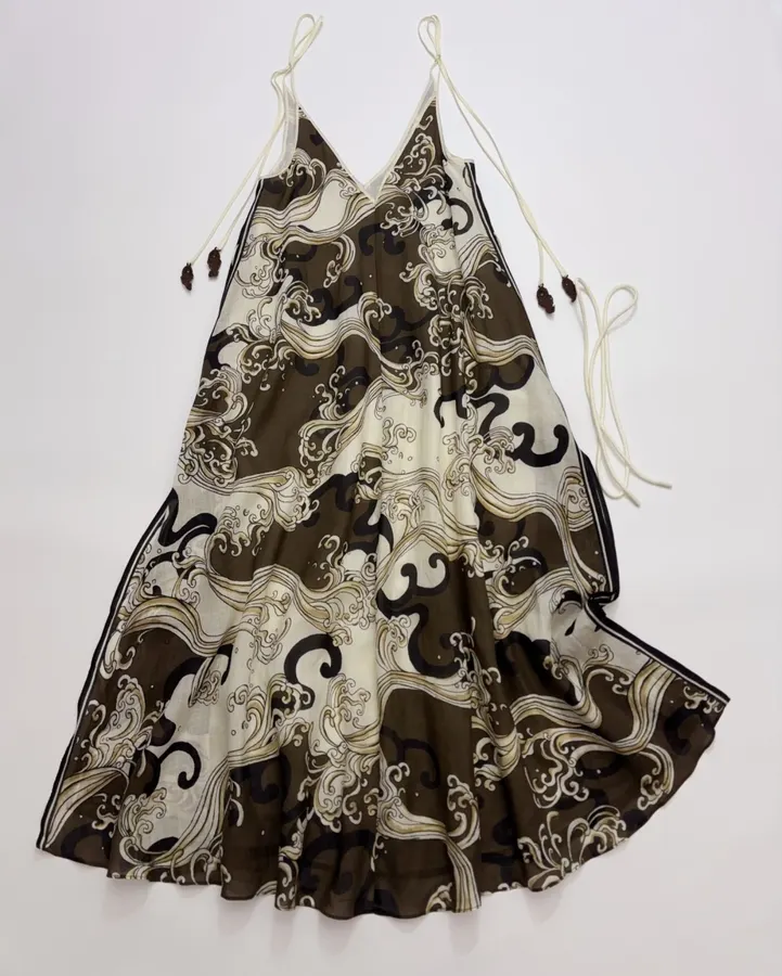 Brown Retro Print Elegant High-Waisted Straight-Leg Ramie Slip Dress Long Skirt in Brown, product view 01