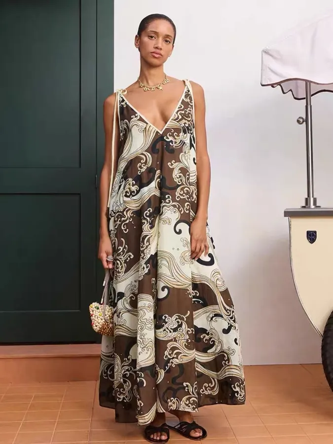 Brown Retro Print Elegant High-Waisted Straight-Leg Ramie Slip Dress Long Skirt in Brown, product view 02