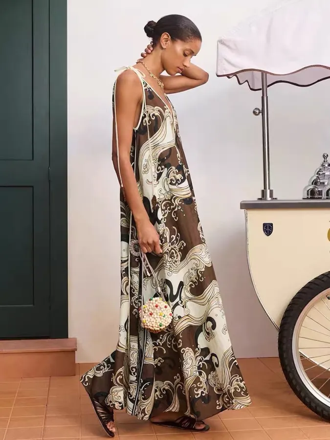 Brown Retro Print Elegant High-Waisted Straight-Leg Ramie Slip Dress Long Skirt in Brown, product view 03
