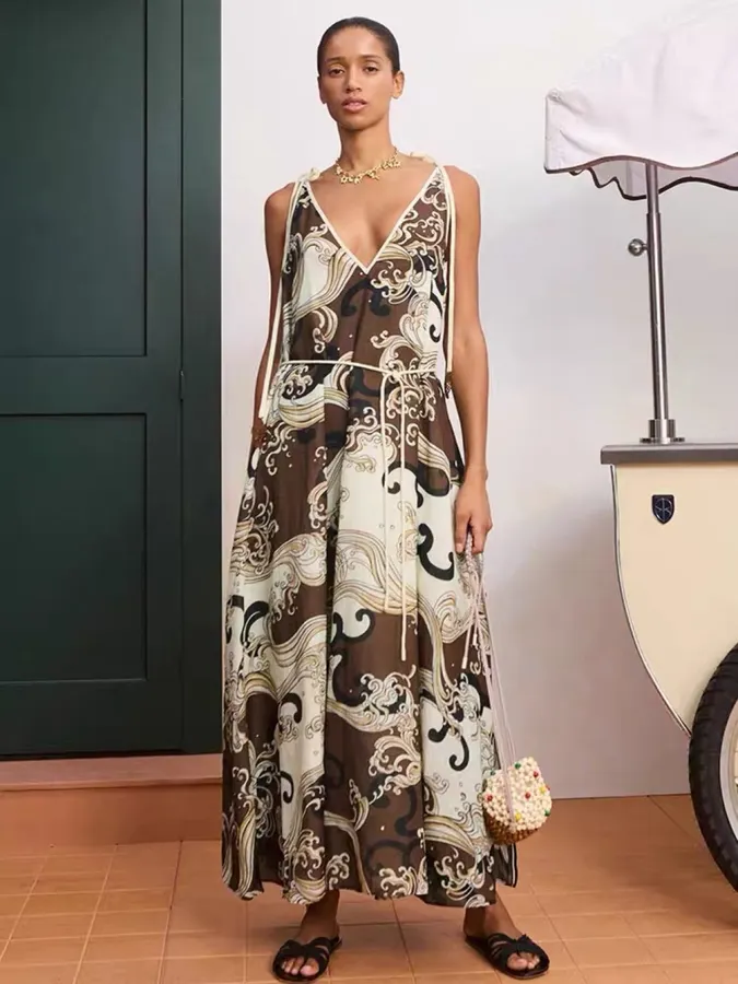 Brown Retro Print Elegant High-Waisted Straight-Leg Ramie Slip Dress Long Skirt in Brown, product view 04