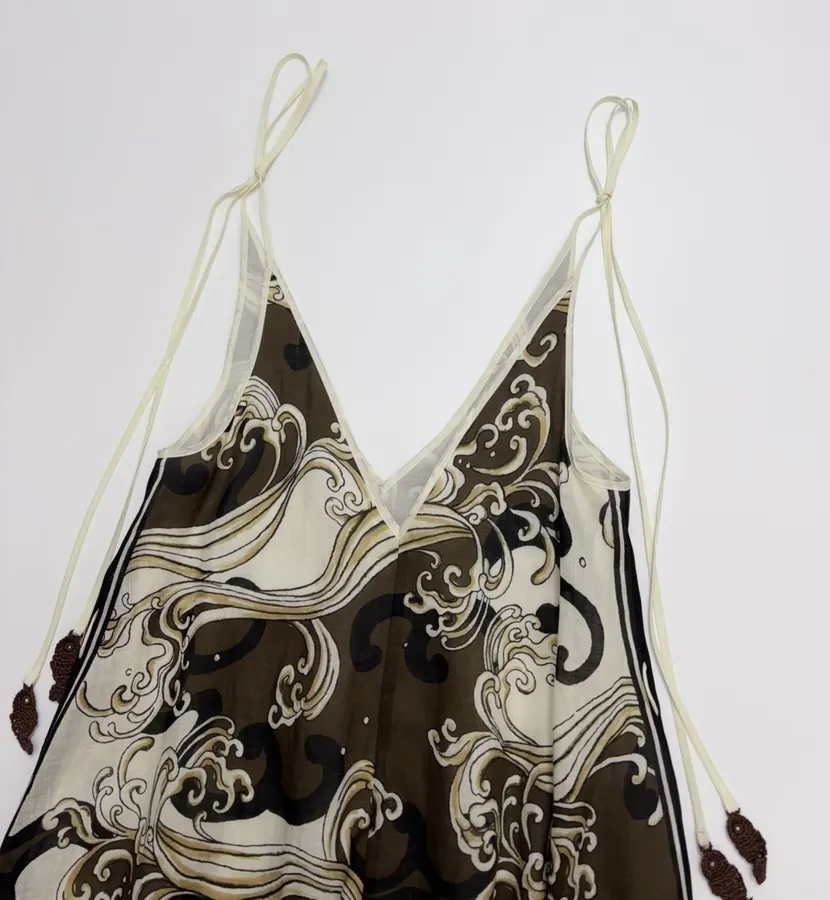 Brown Retro Print Elegant High-Waisted Straight-Leg Ramie Slip Dress Long Skirt in Brown, product view 05