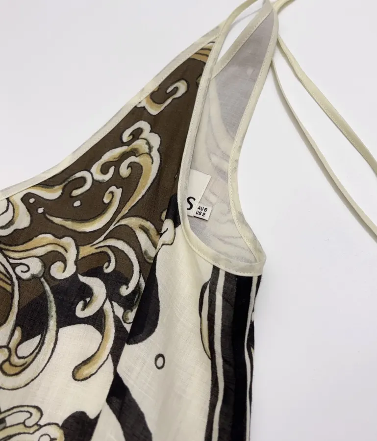 Brown Retro Print Elegant High-Waisted Straight-Leg Ramie Slip Dress Long Skirt in Brown, product view 06