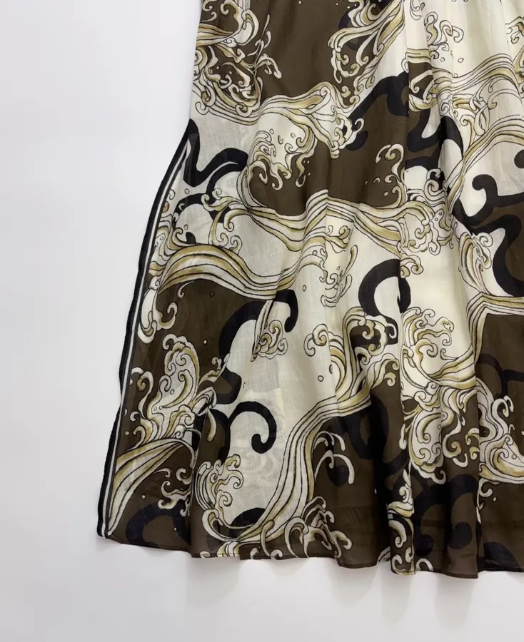 Brown Retro Print Elegant High-Waisted Straight-Leg Ramie Slip Dress Long Skirt in Brown, product view 11