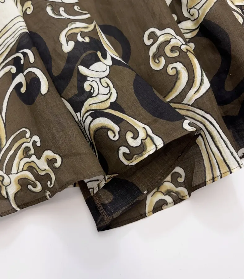 Brown Retro Print Elegant High-Waisted Straight-Leg Ramie Slip Dress Long Skirt in Brown, product view 13