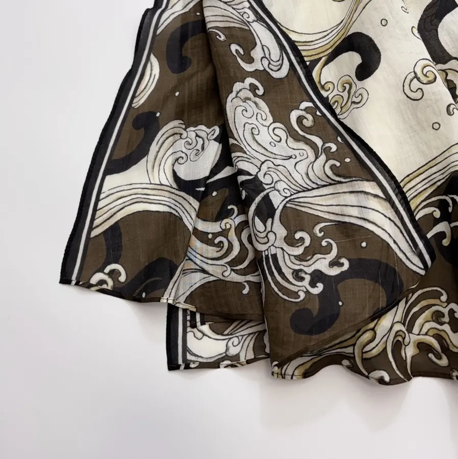 Brown Retro Print Elegant High-Waisted Straight-Leg Ramie Slip Dress Long Skirt in Brown, product view 14
