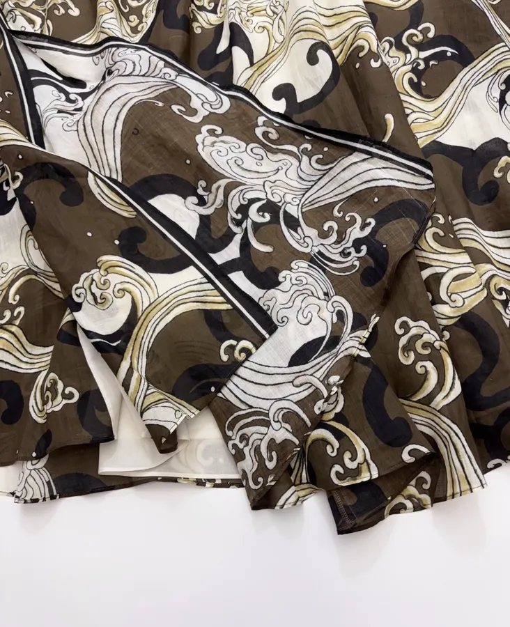 Brown Retro Print Elegant High-Waisted Straight-Leg Ramie Slip Dress Long Skirt in Brown, product view 16