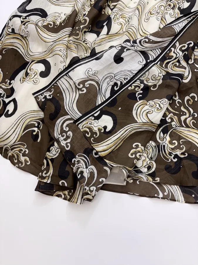 Brown Retro Print Elegant High-Waisted Straight-Leg Ramie Slip Dress Long Skirt in Brown, product view 18