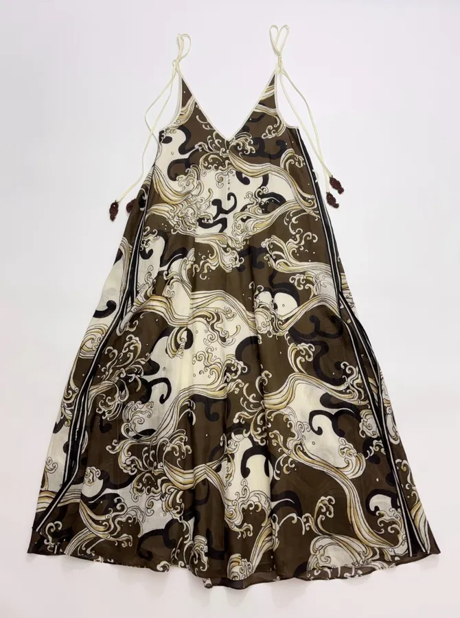 Brown Retro Print Elegant High-Waisted Straight-Leg Ramie Slip Dress Long Skirt in Brown, product view 19
