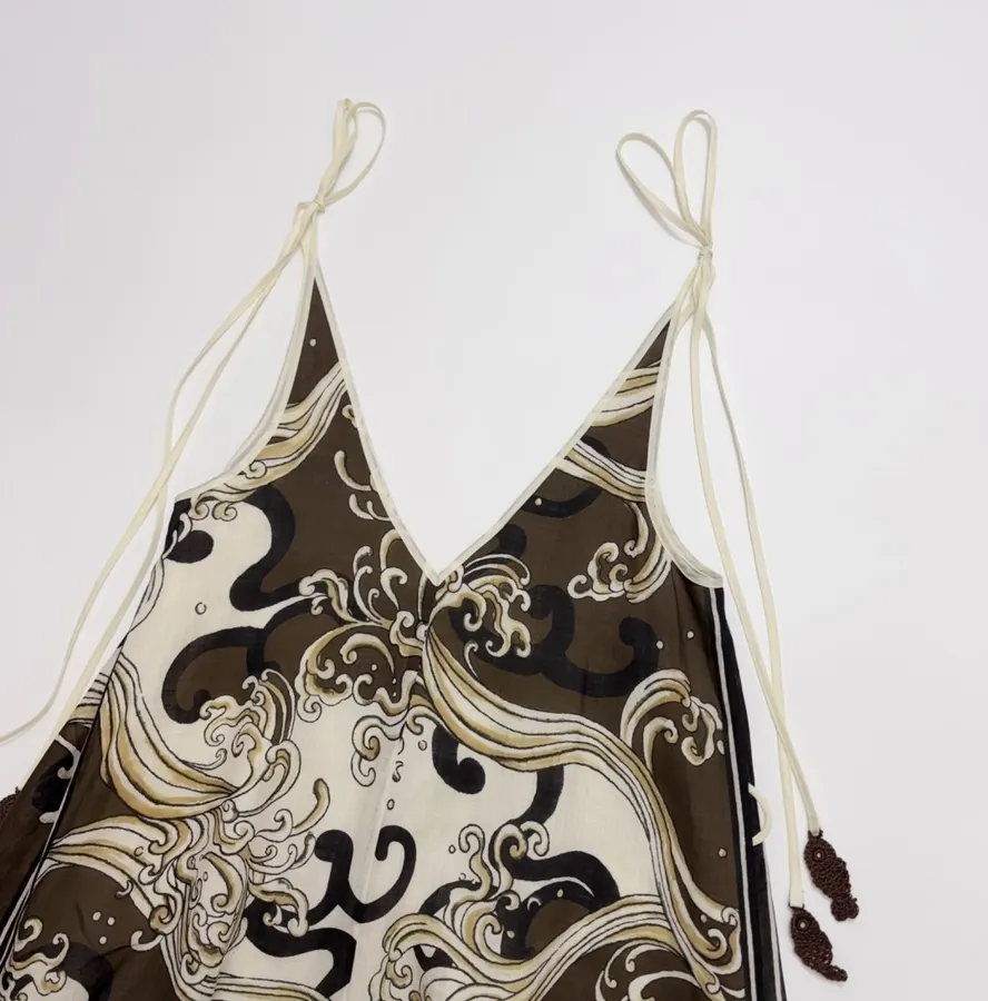 Brown Retro Print Elegant High-Waisted Straight-Leg Ramie Slip Dress Long Skirt in Brown, product view 20