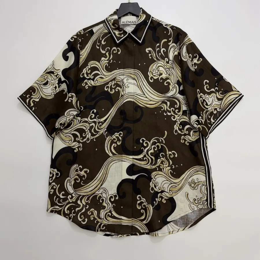 Brown Retro Printed Elegant Linen Otis Short-sleeve Loose Shirt in Brown, product view 01