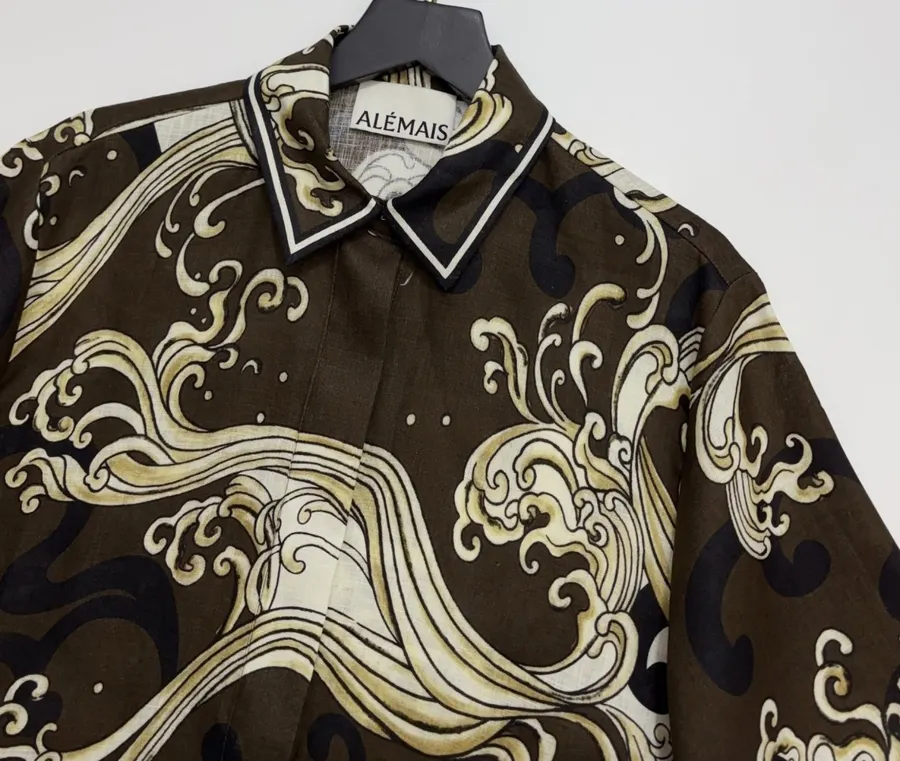 Brown Retro Printed Elegant Linen Otis Short-sleeve Loose Shirt in Brown, product view 02