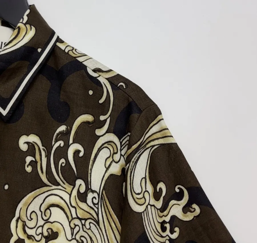 Brown Retro Printed Elegant Linen Otis Short-sleeve Loose Shirt in Brown, product view 03