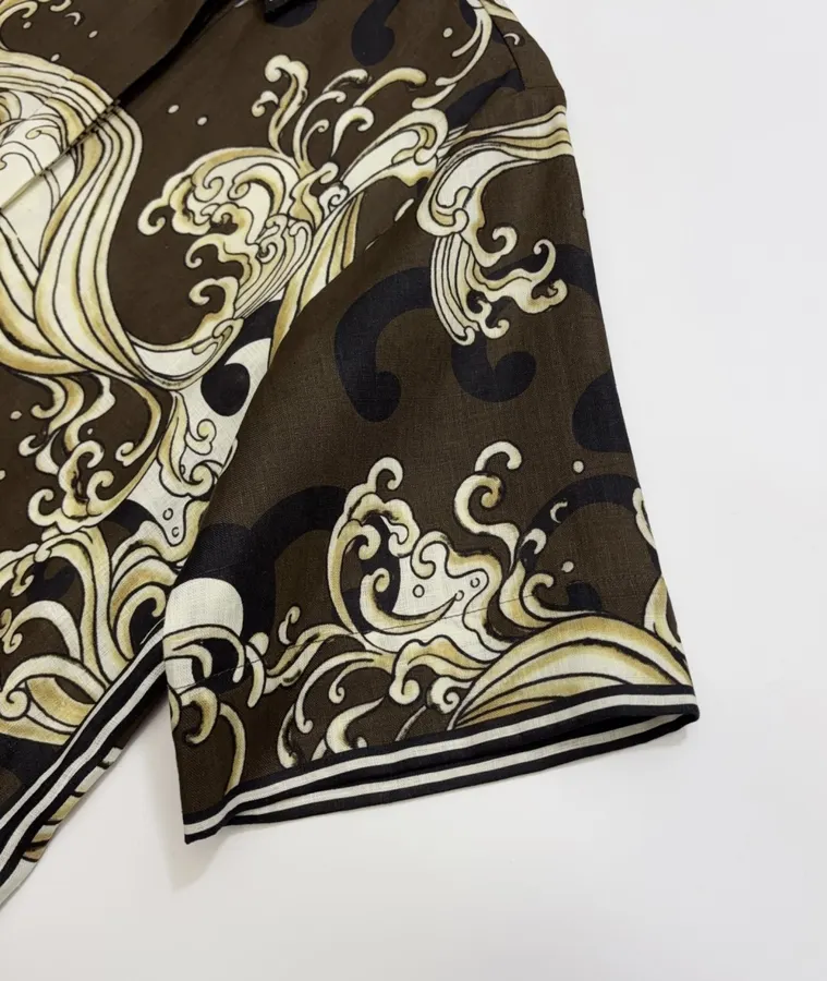 Brown Retro Printed Elegant Linen Otis Short-sleeve Loose Shirt in Brown, product view 04