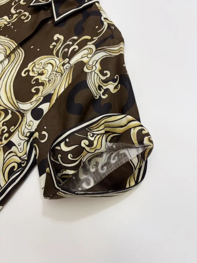 Brown Retro Printed Elegant Linen Otis Short-sleeve Loose Shirt in Brown, product view 05
