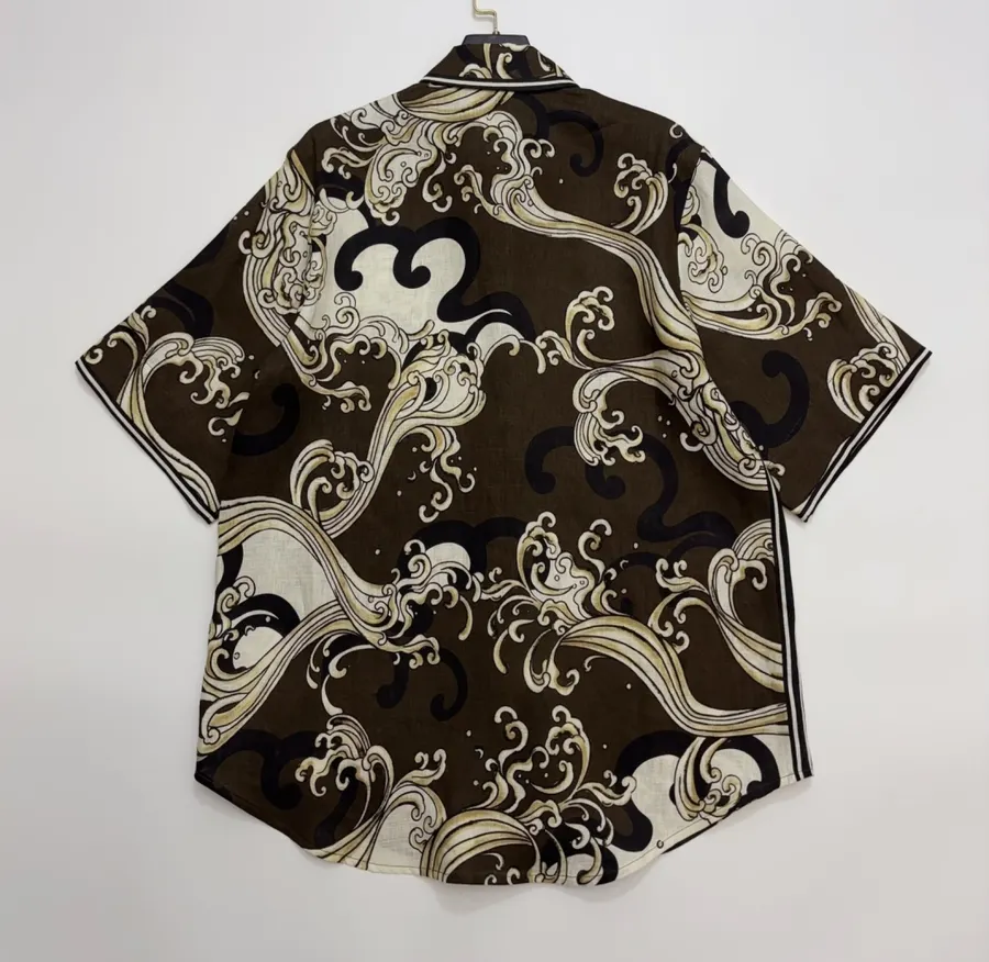 Brown Retro Printed Elegant Linen Otis Short-sleeve Loose Shirt in Brown, product view 12