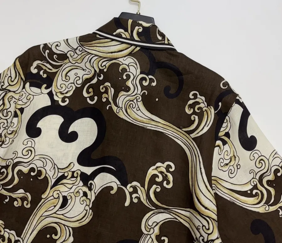 Brown Retro Printed Elegant Linen Otis Short-sleeve Loose Shirt in Brown, product view 13