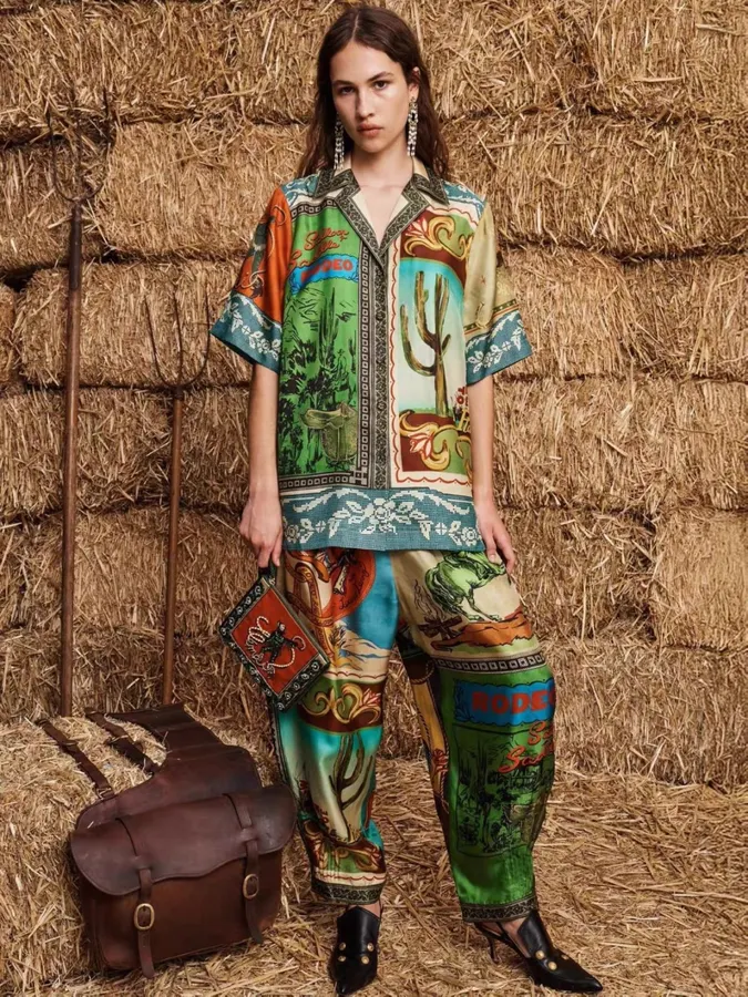 Silk Colorblock Retro Print Short-Sleeve Shirt Short-Sleeve Top in Multicolor, product view 02