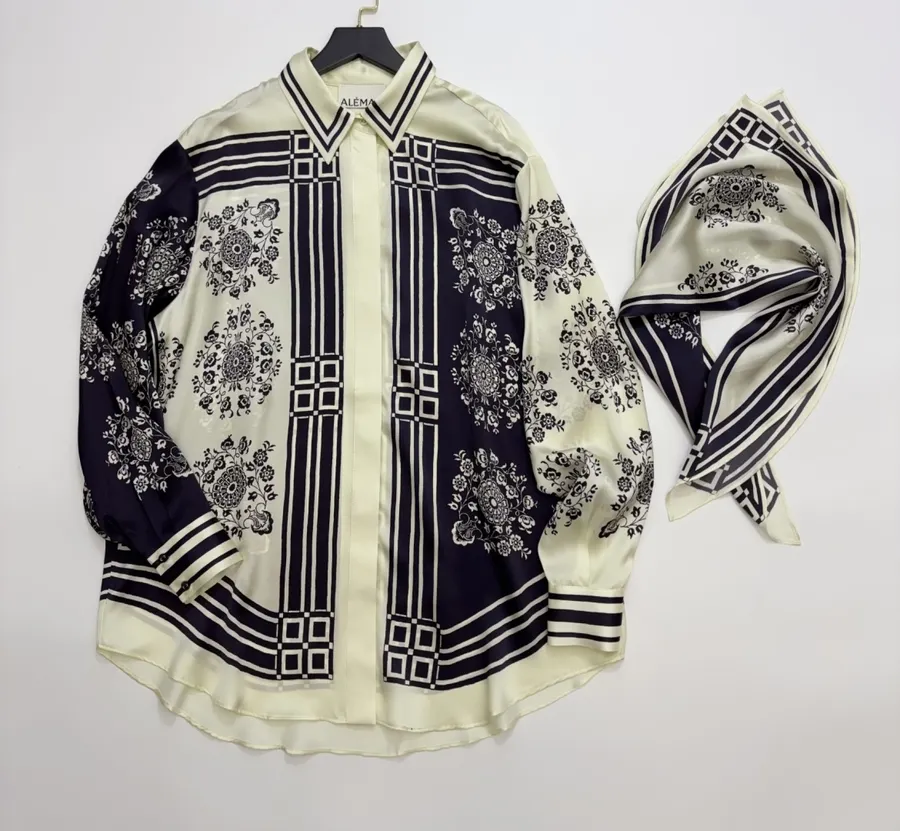 Scarf-Trimmed Silk Shirt Long-Sleeve Top in Navy and Cream, product view