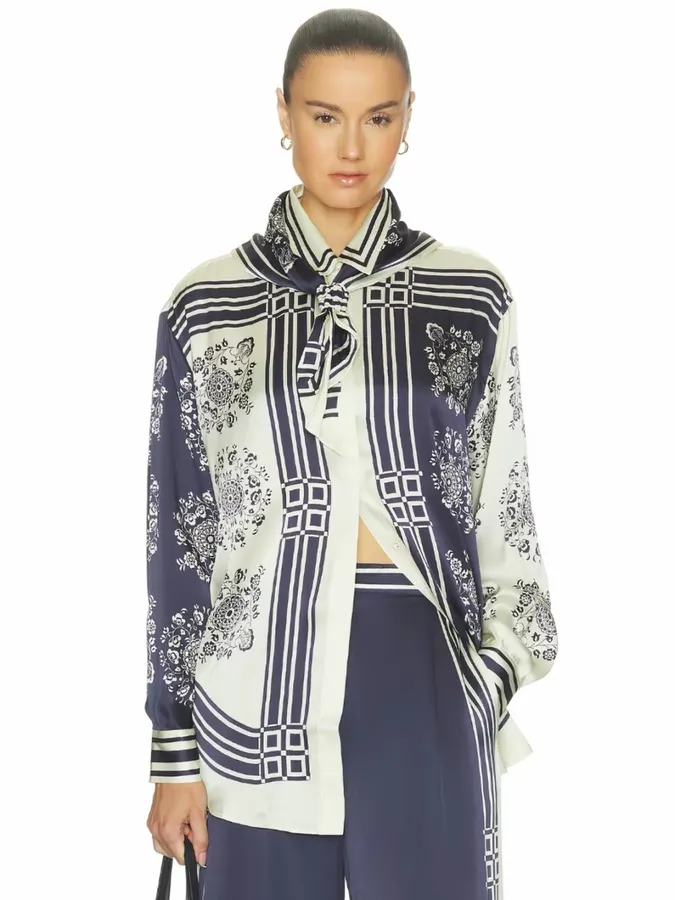 Scarf-Trimmed Silk Shirt Long-Sleeve Top in Navy and Cream, product view 02