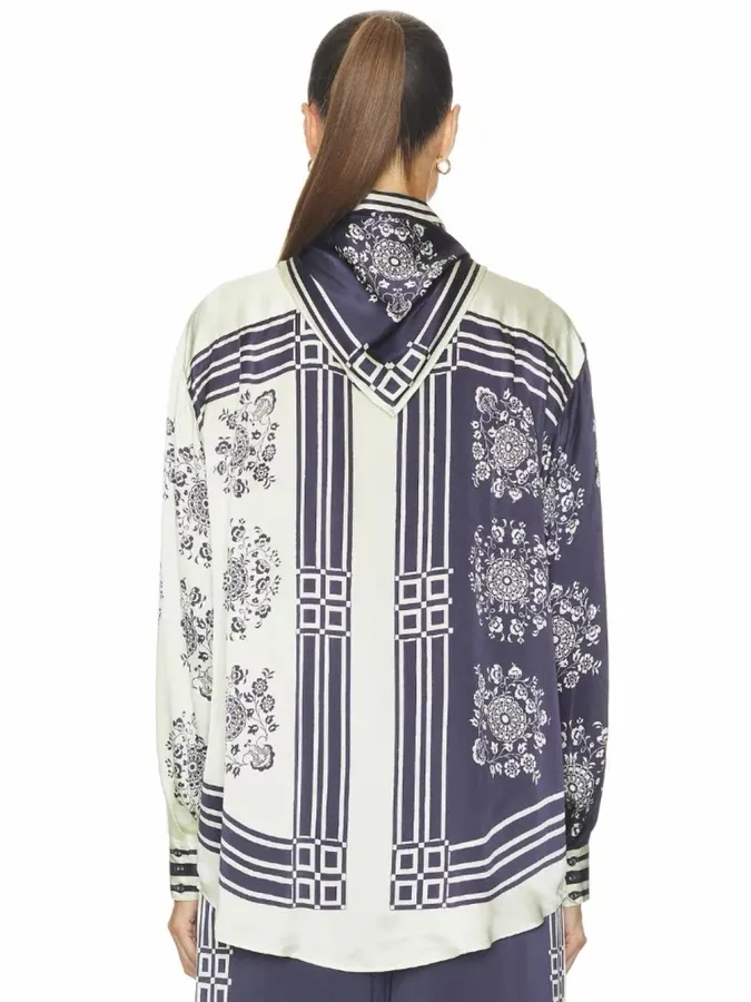 Scarf-Trimmed Silk Shirt Long-Sleeve Top in Navy and Cream, product view 03