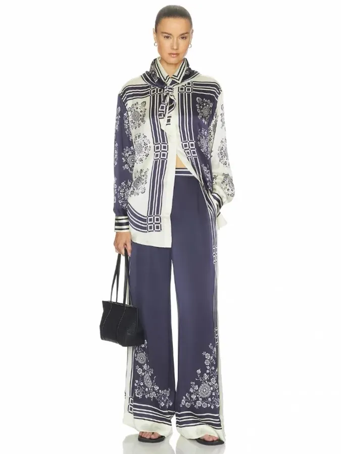 Scarf-Trimmed Silk Shirt Long-Sleeve Top in Navy and Cream, product view 04