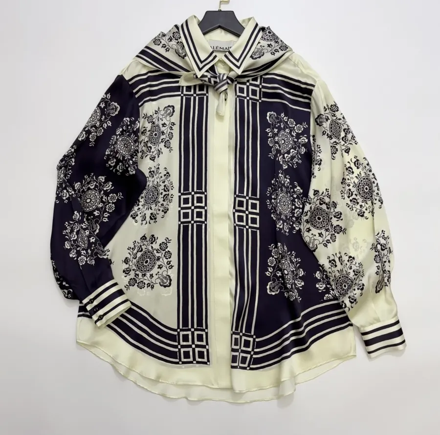 Scarf-Trimmed Silk Shirt Long-Sleeve Top in Navy and Cream, product view 05