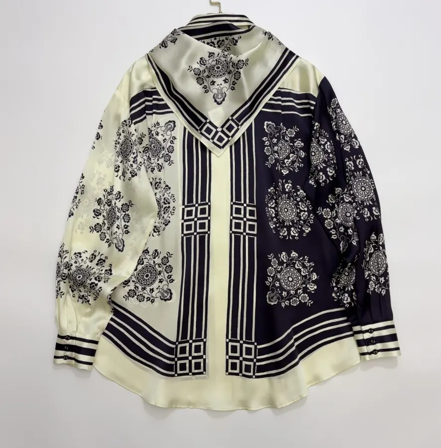 Scarf-Trimmed Silk Shirt Long-Sleeve Top in Navy and Cream, product view 06
