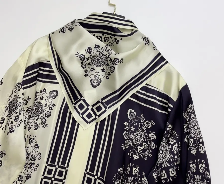 Scarf-Trimmed Silk Shirt Long-Sleeve Top in Navy and Cream, product view 07