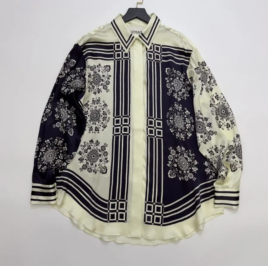 Scarf-Trimmed Silk Shirt Long-Sleeve Top in Navy and Cream, product view 08