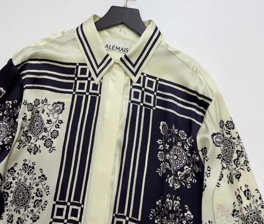 Scarf-Trimmed Silk Shirt Long-Sleeve Top in Navy and Cream, product view 09